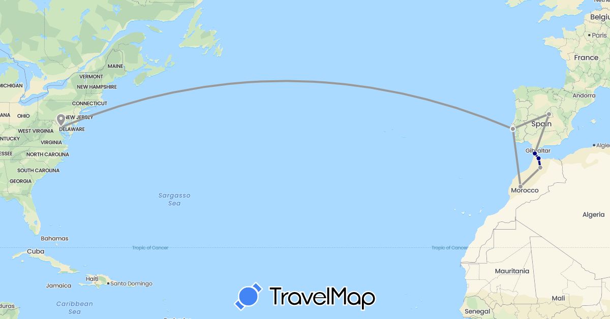 TravelMap itinerary: driving, plane in Spain, Morocco, Portugal, United States (Africa, Europe, North America)