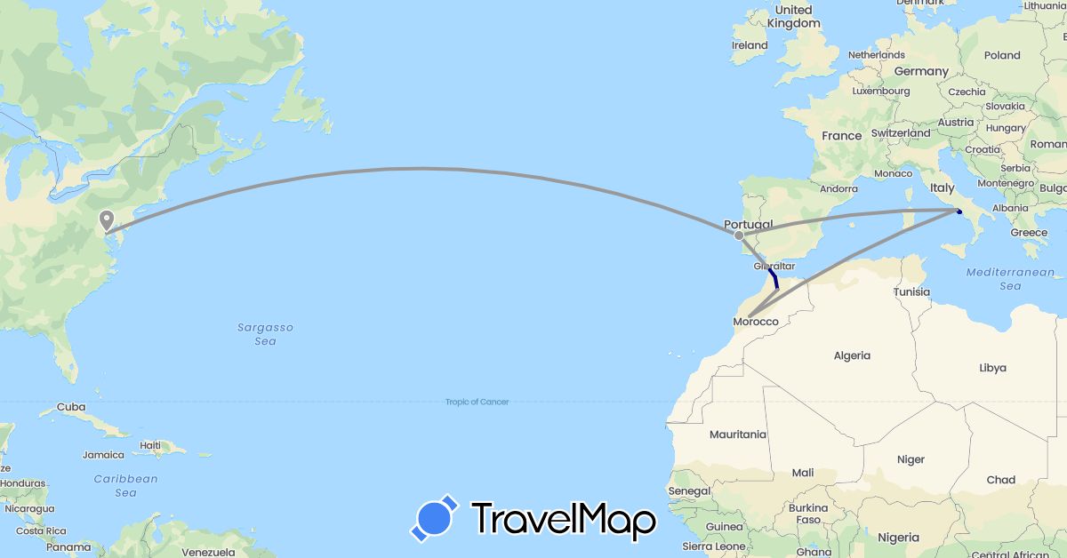 TravelMap itinerary: driving, plane in Italy, Morocco, Portugal, United States (Africa, Europe, North America)